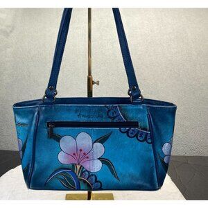 Gorgeous Anuschka Bag. Hand Painted Shoulder Bag. Blue And Rose Pattern.